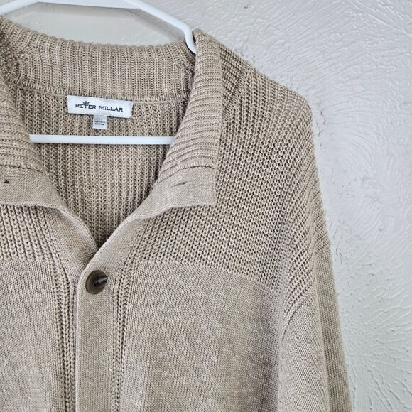 Peter Millar Cardigan Large Tan Knit Merino Wool Linen Preppy Button Up Sweater - Picture 11 of 14